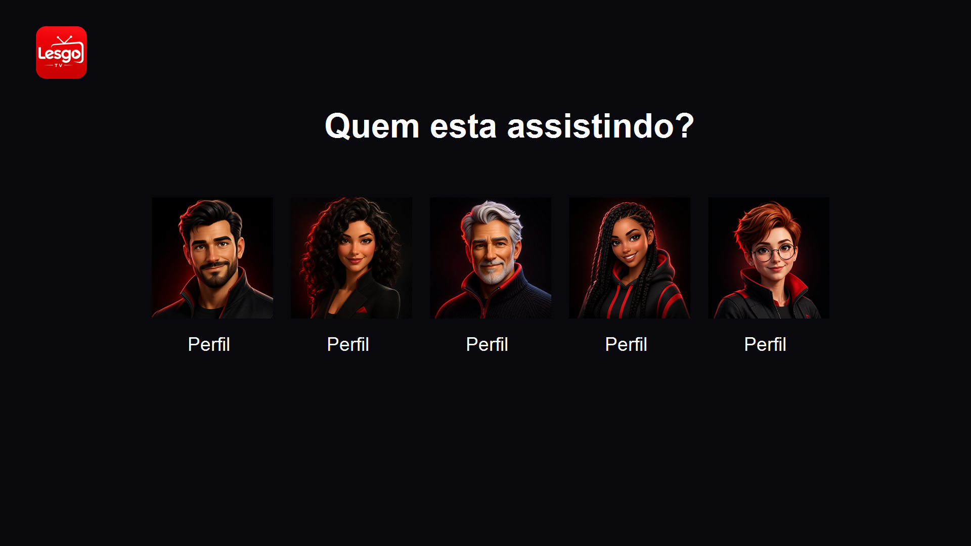 Tela de seleção de perfis do aplicativo Lesgo TV
